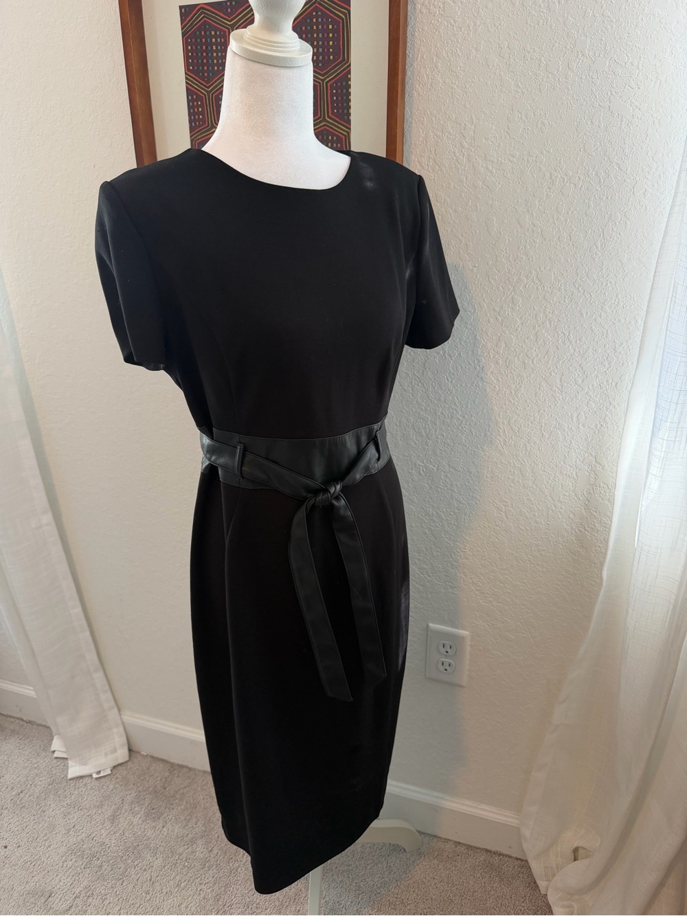 Calvin Klein Black Midi Sheath Dress with Waist Tie